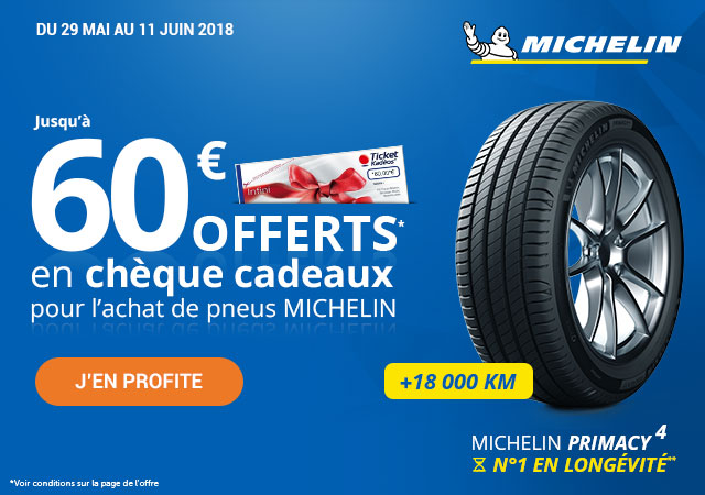 Jusqu'à 60€ offert en chèque cadeaux pour l'achat de pneus Michelin*
