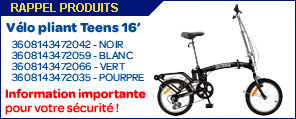 Rappel produit : V&eacute;lo pliant Teens 16'