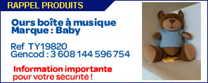Rappel produit : Ours boîte à musique Marque : Baby Ref TY19820 Gencod : 3 608 144 596 754 