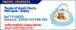 Rappel produit : Tapis d’éveil Ours Marque : Baby Ref TY19823 Gencod : 3 608 144 596 785 